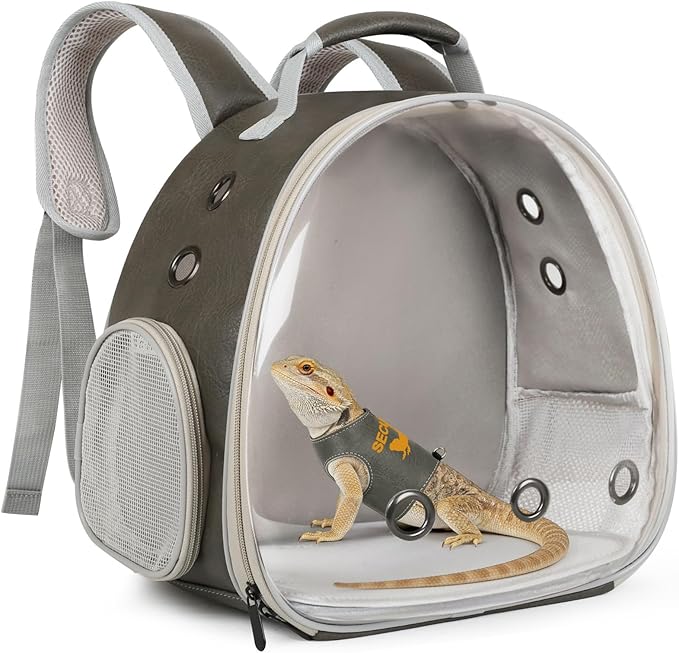 Bearded Dragon Carrier Backpack with Security Printing Harness Leash and 3-Sized Harness Set, Reptile Lizard Travel Guinea Pig Bunny Kitten Travel Carry Bag to Transport (Grey, PU Leather)