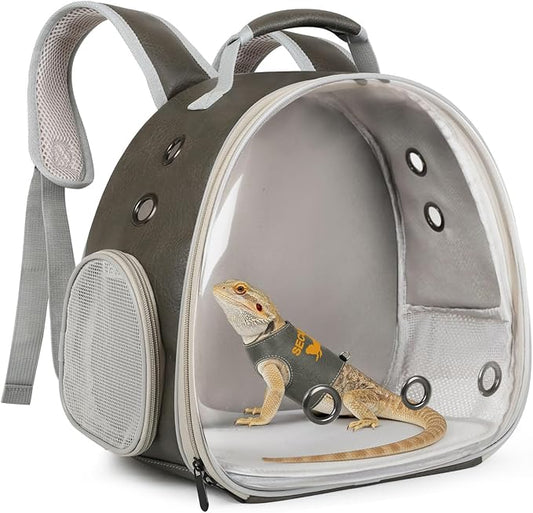 Bearded Dragon Carrier Backpack with Security Printing Harness Leash and 3-Sized Harness Set, Reptile Lizard Travel Guinea Pig Bunny Kitten Travel Carry Bag to Transport (Grey, PU Leather)