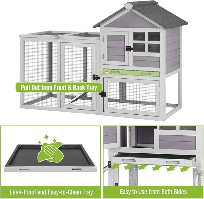 GUTINNEEN 51.6" Large Rabbit Hutch with Chew-Proof Ramp, Small Chicken Coop with Run for Outdoor, Indoor Bunny Cage Guinea Pig House with Leak-Proof Tray (Grey)