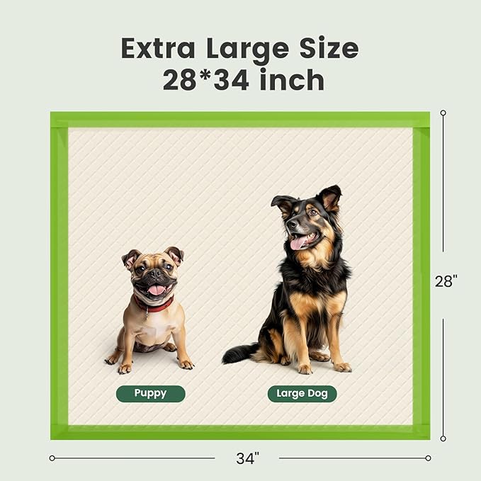 Gardner Pet Dog Pee Pads Extra Large 28"x34", XL Thicker ECO Green Disposable Puppy Training Pads Super Absorbent Full Edge-Wrapping Pad for Dogs, Puppies, Cats, Rabbits (90 Count)