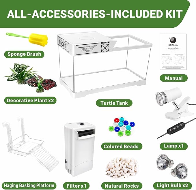 GOZILLA Aquatic Turtle Tank Kit+Lamp+Filter, Upgrade PC Turtle Tank Starter Kit with Adjustable Lamp & Filter,Reptile Habitat with Lid,Hanging Platform for Small Reptiles.(19.68×9.52×9.44''/White Kit)