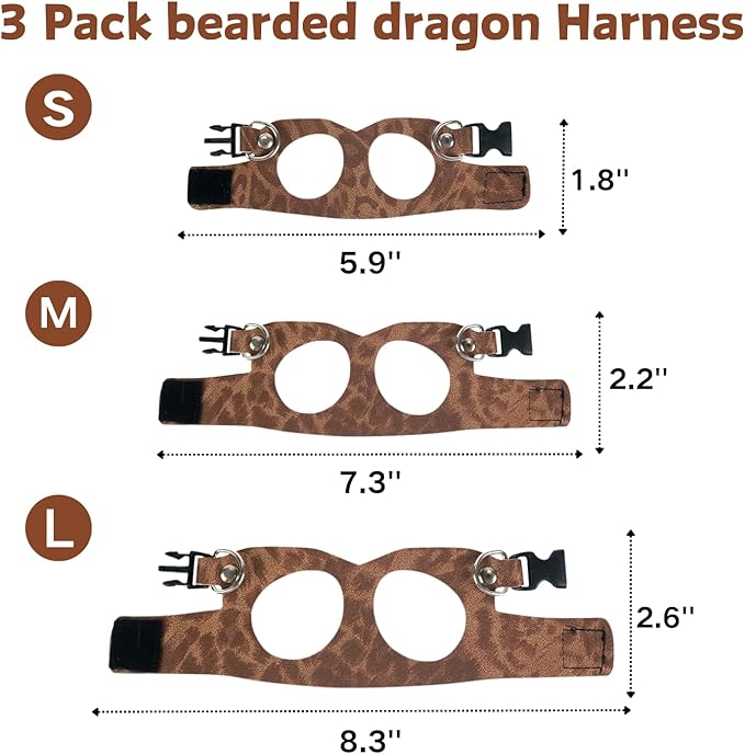 3 Pack Bearded Dragon Harness and Leash Set - Adjustable Soft Leather Lizard Harness Leash Small Animal Traction Rope Training Walking Vest Accessories for Reptile Squirrel Rat (Brown Leopard)