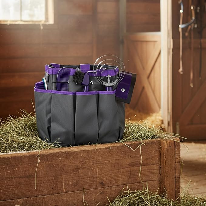 Abbylike 12 Pieces Horse Grooming Kit with Organizer Tote Bag Tack Room Supplies Horse Brush Sets Equine Care Cleaning Kit Shedding Grooming Massaging Tools(Grey and Purple)