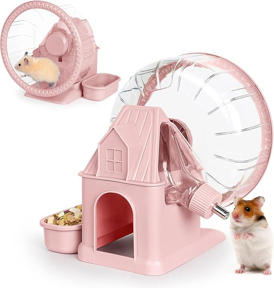 Hamster Toys 4 in 1 Multifunctional Super-Silent Exercise Toys Spinner Wheels with Water Bottle Food Container and Hideout Base Large Spinning Running Wheel for Rat Gerbils Mice (L,Pink)