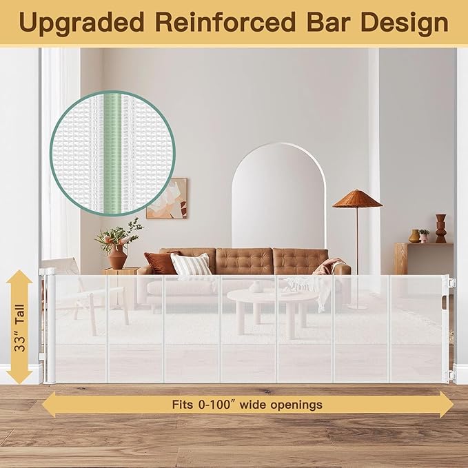 Reinforced 100 Inch Retractable Baby Gates for Doorways Extra Wide to Prevent Crawling Through, 8 ft Extra Long Retractable Pet Gate for Dogs, Safety Outdoor Baby Gate for Deck, Porch, Patio, White