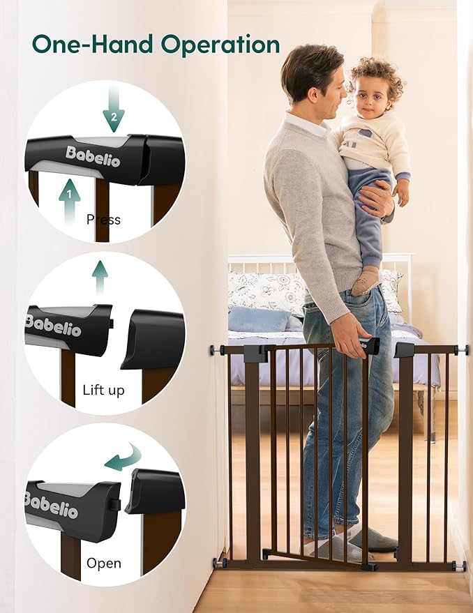 Babelio Metal Baby Gate, PressGuard P7, 29-48" Auto Close Easy Install Pet Gate, Extra Wide Walk Thru Child Safety Gate, Pressure Mounted Dog Gate for Doorways and Stairs, Brown
