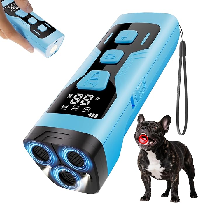 Anti Barking Device for Dogs, 3X Ultrasonic Dog Bark Deterrent Devices, 4 Frequencies 5 Training Modes 65ft Safer Alternatives to Bark Collars, Portable Design with Display for All Dogs (Blue)