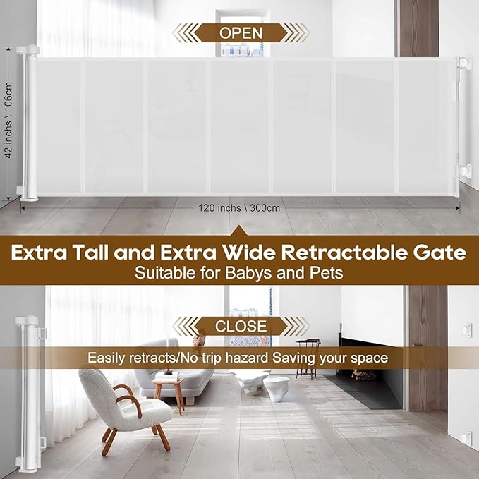 Miumoon 100 inch Retractable Baby Gates 42 inch Tall, Retractable Gate with Reinforced Strip Design to Prevent Crawling Through, 8 FT Extra Wide Retractable Dog Gate for Indoor/Outdoor