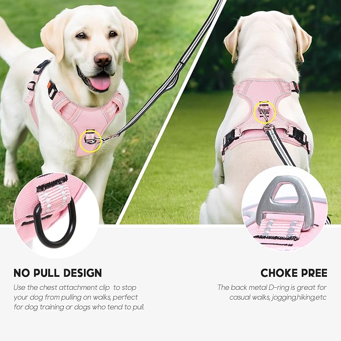 Timos Dog Harness Large Sized, No Pull Pet Harness with Neck Lockable Snap,No Choke Front Clip Dog Reflective Vest,Adjustable Metal Rings 3 Buckles,Easy Control Handle for Large Dogs Pink XL
