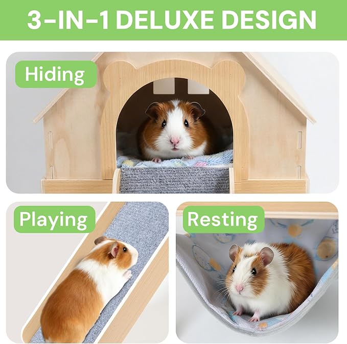 Guinea Pig Hideout- Wooden Guinea Pig Toys with Stairs and Mat & Hammock, Detachable Double-Decker House for Small Animal Toys for Hiding Sleeping Activities