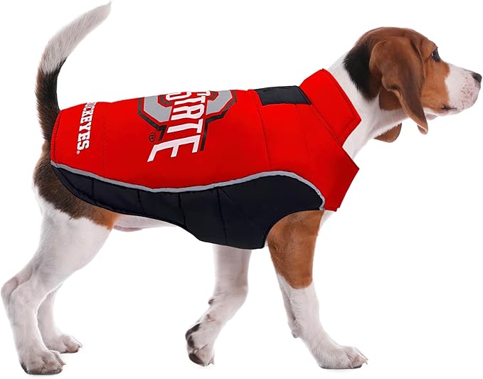 NCAA Ohio State Buckeyes Puffer Vest for Dogs & Cats, Size Large. Warm, Cozy, and Waterproof Dog Coat, for Small and Large Dogs/Cats. Best NCAA Licensed PET Warming Sports Jacket