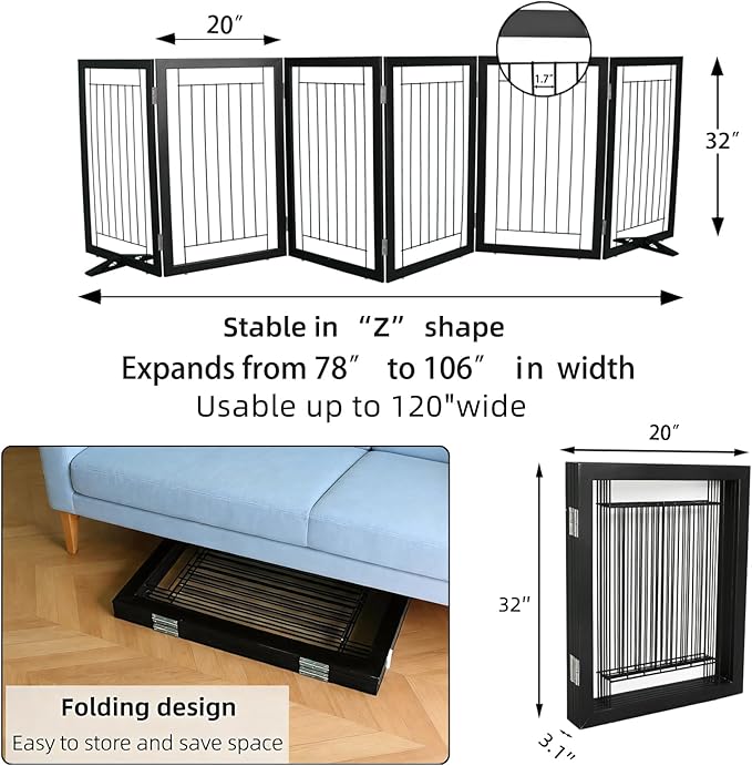 ZJSF Freestanding Dog Gate Indoor, Foldable Dog Fence for Doorways,Hallways or Stairs, Sturdy Wood Extra Wide Pet Gate with Support Feet,Black,32 "Height-6 Panels