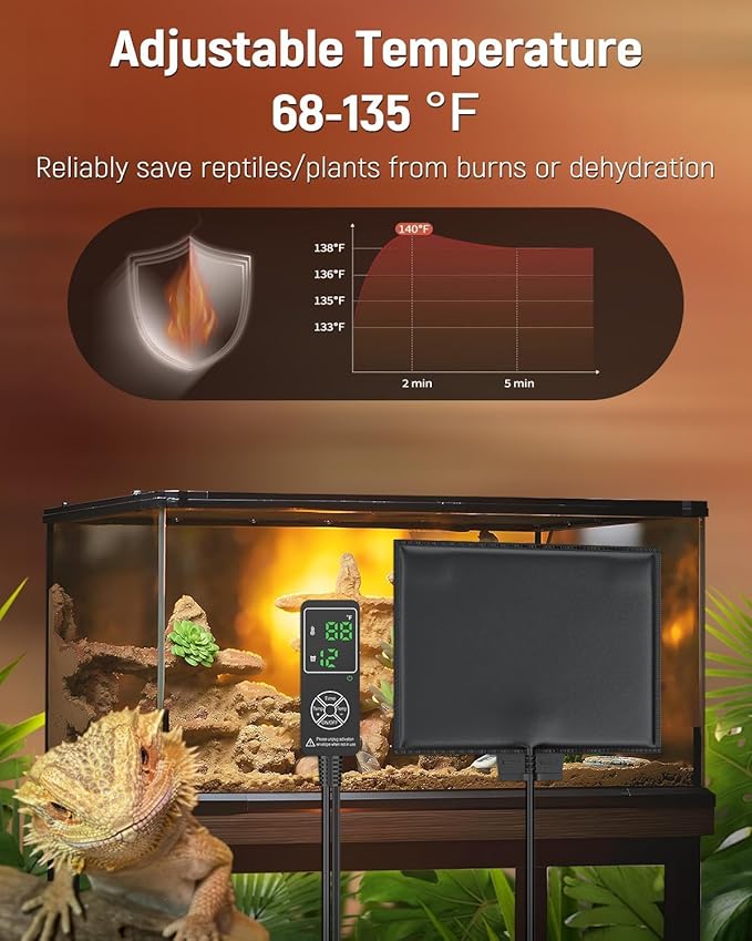 Pawfly Reptile Heat Pad with Thermostat & Timer - Reptile Heating Pad 8 x 5.9 Inch, 7 W Hermit Crabs Heating Pads, Heat Mat for Reptiles Turtles Frogs Snakes Lizards Geckos Plants Seedlings