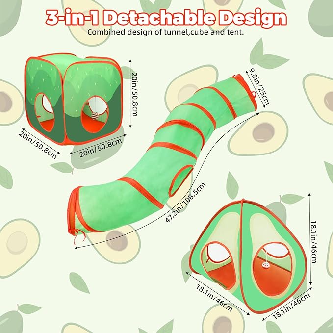 YUEPET Rabbit Tunnel and Cube Collapsible Tent Bunny Interactive Crinkle Tunnel Toys Small Animal Hideout with Play Ball for Dwarf Rabbit Bunny Guinea Pig (Avocado)