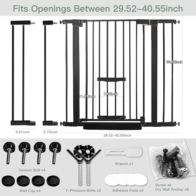 SHYUJAJIE 37 Inch Tall Baby Gate with Small Cat Door, Adjustable 29.5" and -40.55",Auto Close Dog Gate Pet Gate Easy Walk Thru Pet Door for Stairs, Doorway, House, Pressure Mounted Safety Child Gate