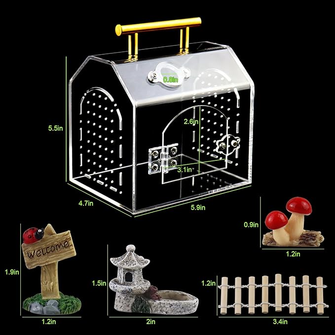 Jumping Spider Enclosure kit, Acrylic Tarantula Enclosure with Wooden Bridge, Mushroom, Pagoda Pond, Road Signs, Insect Terrarium with Handle and Magnetic Door, No Assembly Required (Medium)