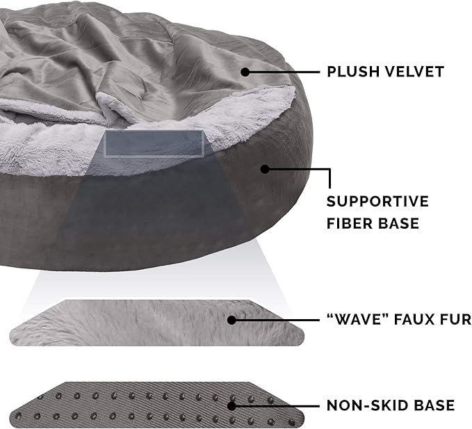 Furhaven 27" Round Calming Donut Dog Bed for Medium/Small Dogs, Washable, For Dogs Up to 45 lbs - Plush Velvet Waves Hooded Donut Bed - Dark Gray, Medium