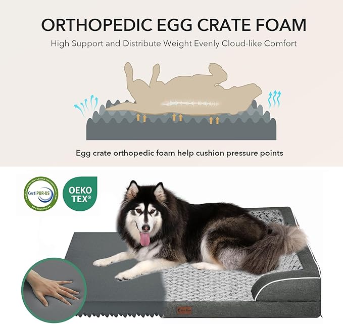 Orthopedic Dog Beds for Extra Large Sized Dogs, Waterproof Memory Foam XL Pet Bed with Sides 48x30Inch, Non-Slip and Egg-Crate Foam Big Dog Couch Bed with Removable Washable Cover, Dark Grey