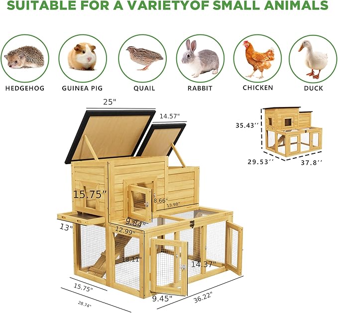 Wooden Chicken Coop for 2-4 Chickens Indoor Outdoor,Large Bunny Rabbit Hutch Poultry Pet Run Cage with Ventilation Door，Weatherproof Asphalt Roof for Garden Backyard(Wood)