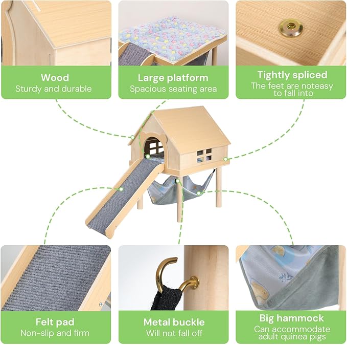 Guinea Pig Hideout- Wooden Guinea Pig Toys with Stairs and Mat & Hammock, Detachable Double-Decker House for Small Animal Toys for Hiding Sleeping Activities