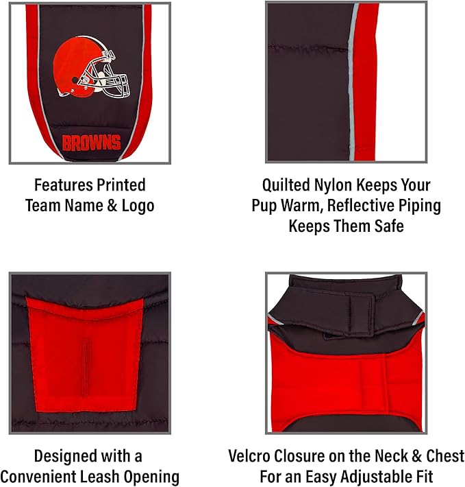 NFL Cleveland Browns Puffer Vest for Dogs & Cats, Size Small. Warm, Cozy, and Waterproof Dog Coat, for Small and Large Dogs/Cats. Best NFL Licensed PET Warming Sports Jacket