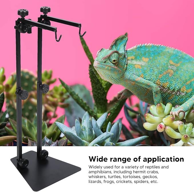 Reptile Lamp Stand, Metal Adjustable Double Hook Light Stand Reptile Lamp Fixture Base with Heavy Base for Terrarium Tank Amphibians
