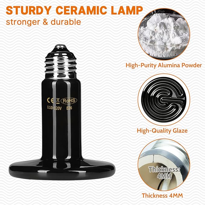 200W Ceramic Heat Emitter - Black Reptile Heat Bulb - Infrared Reptile Heat Lamp for Lizards, Amphibians, Turtles, Dogs, Cats - Ideal for Pet Heating - No Light, No Harm - ETL Listed