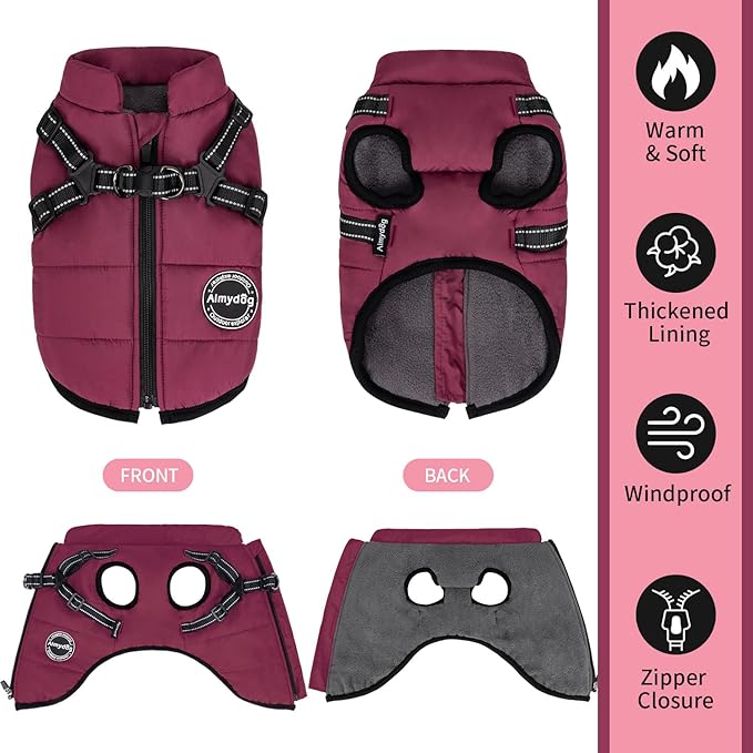 Dog Winter Coat, Warm Dog Jacket Reflective Adjustable Fleece Vest with Harness Built in, Windproof Pet Snow Jacket Snowsuit with Zipper for Small Medium Dogs, Purple XS