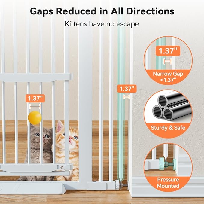 COMOMY 55.1" Extra Tall Pet Gate for Cats, Extra Wide Cat Gate with Adjustable Cat Door, Pressure Mounted Easy Walk Through Pet Gate with Door for Stairs, Doorways, Kitchen(White, 29.5-40.6")