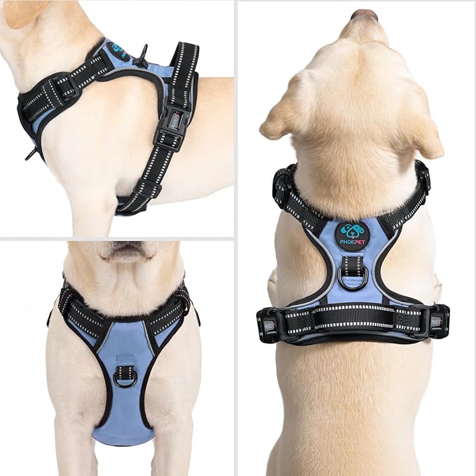 PHOEPET No Pull Dog Harness Reflective Adjustable with 2 Metal Leash Hooks and Soft Training Handle [Over The Head Design](L, Baby Blue)