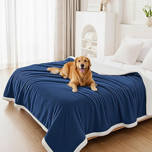 Smiry Waterproof Blanket Throw for Large Dogs, Soft Reversible Dog Blanket for Sofa Couch Bed, Washable Leakproof Sherpa Fleece Furniture Couch Protector(60"x80", Navy/White)