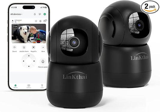 Indoor Camera,2K Cameras for Home Security with App Motion Detection Auto Tracking Alarm Live Notice Schedule Default Location,Pet Camera with Night Vision,2.4 GHz,Black, 2 Pack