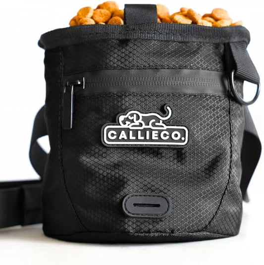 Callieco Mini Dog Treat Pouch with Magnetic & Zipper Closure | Small Waist Belt Training Behavior Aid Bag for Dog Walking with Poop Bag Dispenser (Black)