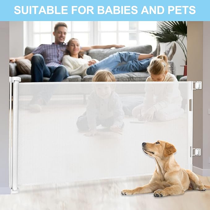 80 Inch Wide Baby Gate for Stairs Prevent Kid/Pet from Getting Through Retractable Outdoor Safety Gates for Toddlers Retractable Scratch-Resistant Mesh Dog Gate Indoor Doorway Gates for Pets, White