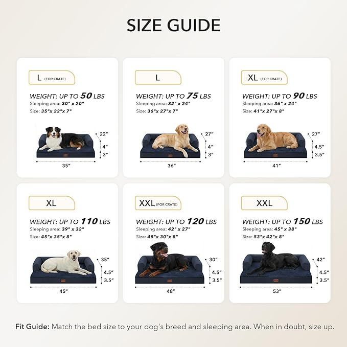 Orthopedic Dog Beds for Large Sized Dogs, Waterproof Egg Crate Foam Large Dog Couch Beds with Comfy Bolster 36x27Inch, Washable Pet Beds with Removable Cover and Nonskid Bottom, Navy Blue