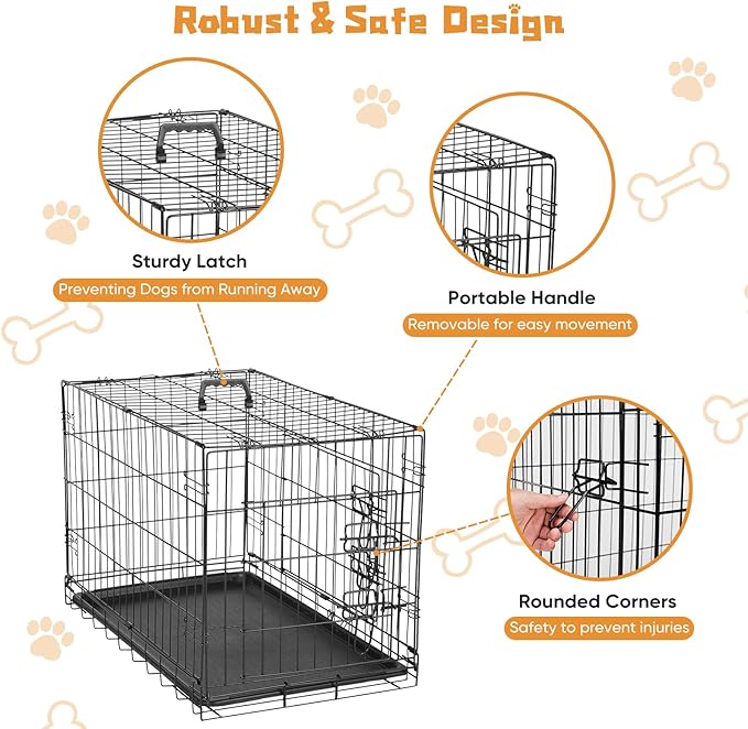 DUMOS Dog Crate, 36 Inch Medium Double Door Dog Cage with Plastic Leak-Proof Pan Tray, Folding Metal Wire Pet Kennel for Indoor, Outdoor, Travel