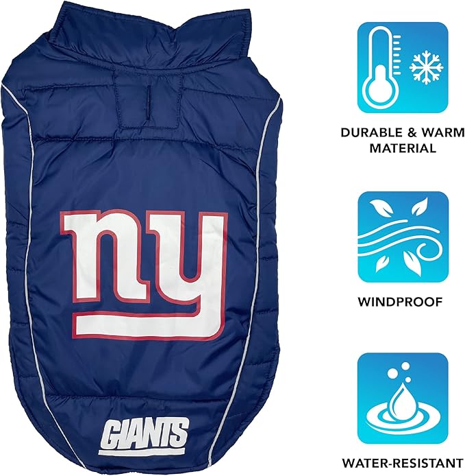 NFL New York Giants Puffer Vest for Dogs & Cats, Size Medium. Warm, Cozy, and Waterproof Dog Coat, for Small and Large Dogs/Cats. Best NFL Licensed PET Warming Sports Jacket