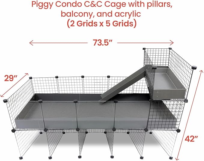 GuineaDad Piggy Condo – Premium C&C Cage with Balcony, Ramp, & Pillars for Guinea Pigs & Small Animals with Coroplast Base | Acrylic and C&C Grids for Small Pets (Acrylic, XL (29" x 73.5" x 42"))