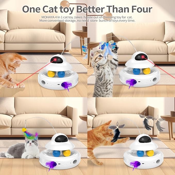 MOHAYA Cat Toys，4-in-1 Interactive Cat Toy for Indoor Cats with Laser, Fluttering Butterfly, Moving Feather and Track Balls - USB Rechargeable Self-Play Kitten Toy (White) - Image 2