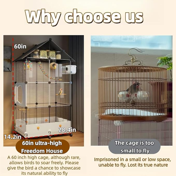 60in Large Flight Bird cage, Equipped with Bird's Nest， Ladder, Swing, Feeder, etc. with Wheels for Easy Outdoor Movement, Suitable for Parrots, Pigeons (Black, 28.4" L x14.2W x 60" H)
