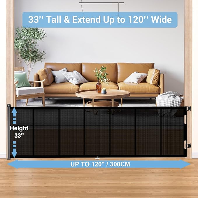 HAMOPY 120 Inch Reinforced Strip Extra Wide Retractable Baby Gate, 33" Tall, Prevent Crawling Through, Wide Extra Long Child Safety Gate for Indoor Baby Fence, Outdoor, Stairs, Deck(Black)