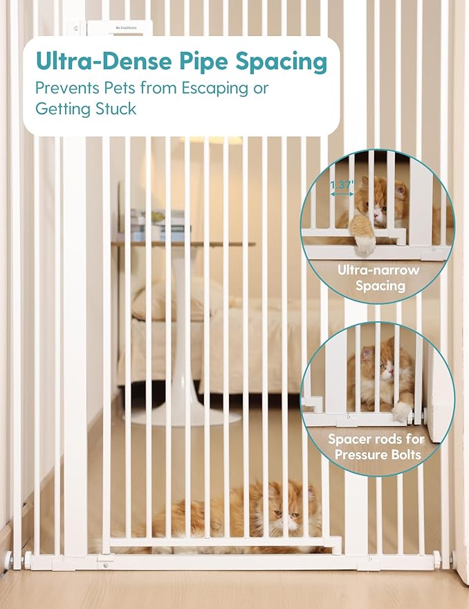 No Pawblems 55" Extra Tall Pet Gate for Cat, 29-43" Auto Close Cat Gate for Doorways/Stairs/Hallways, NO Drilling Pressure Mounted Tall Dog Gate Indoor, 1.37" Pet-Safe Gap, White