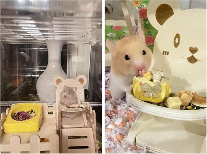 Hamster Chair with Food Bowl Tray- Handmade Wooden Small Animal Cage Accessories Habitat Decor House Photo Props Small Animal Toys for Hamster Mice Rat Hedgehog Rodents (Wood)