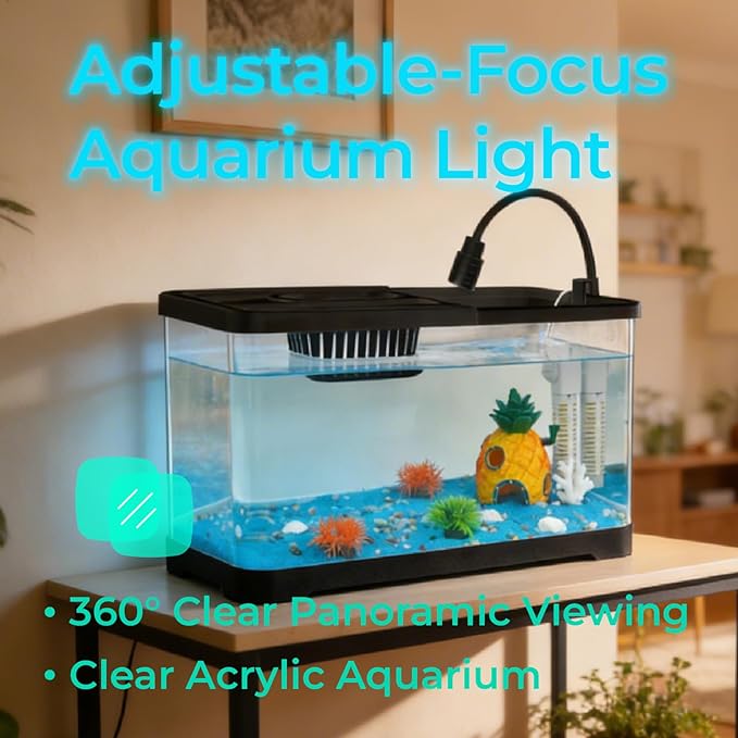 4 Gallon Fish Tank Aquarium Starter Kit with USB LED Light & Quiet Filter, Large Desktop Betta Tank with Decorations, Starter Aquarium for Home Office(Medium Black)