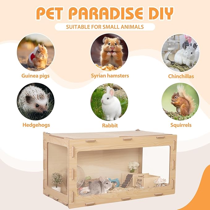 COZIWOW Hamster Cage 32", Large Wooden 270° Panoramic View Chewproof Habitat, Bigger World Small Animal House with Openable Top & Acrylic Panels for Syrian, Dwarf Hamsters, Gerbils