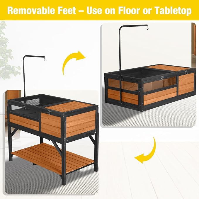 Wooden Tortoise Habitat with Detachable Legs & Adjustable Lamp Holder – Reptile Terrarium for Small Animals