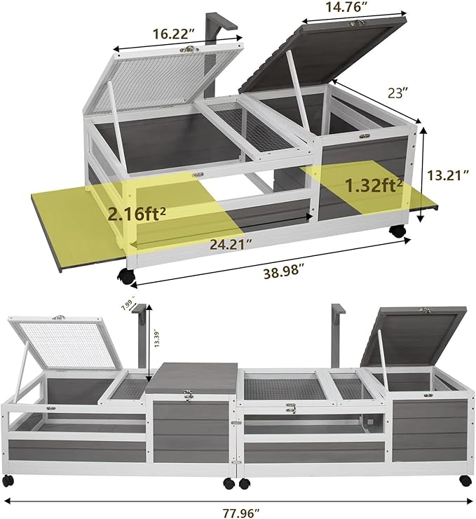 Ketive Tortoise Habitat Large Wooden Tortoise House Indoor & Outdoor, Reptile Cage for Small Animals-Leakproof Tray (Grey, 77" L x 23" W x 14.5" H)