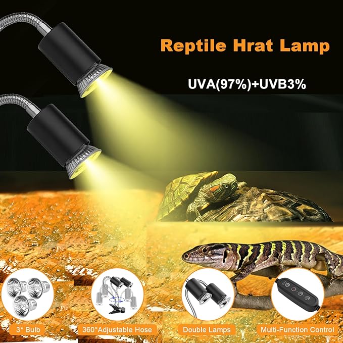 Reptile Heat Lamp,Double-Head Heating Lamp for Reptiles, UVA/B Turtle Lamp with Clamp, Separate Control, Turtle Light,Basking Light for Reptiles Bearded Dragon Turtle Snake, 3 Basking Bulbs.