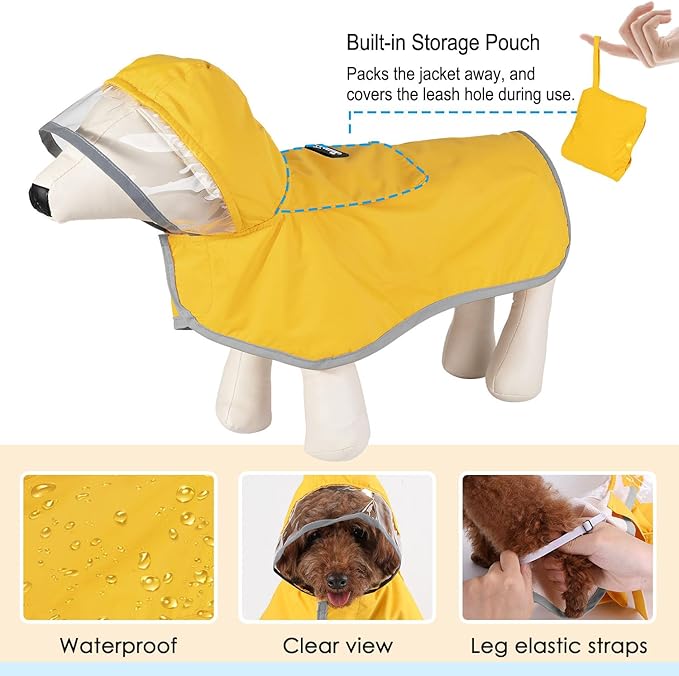 Lukovee Dog Raincoat, Adjustable Dog Rain Jacket with Clear Hooded Double Layer for Large Medium Small Dogs Puppies, Waterproof Rain Coat Poncho with Reflective Storage Pocket & Rim (Yellow, S)