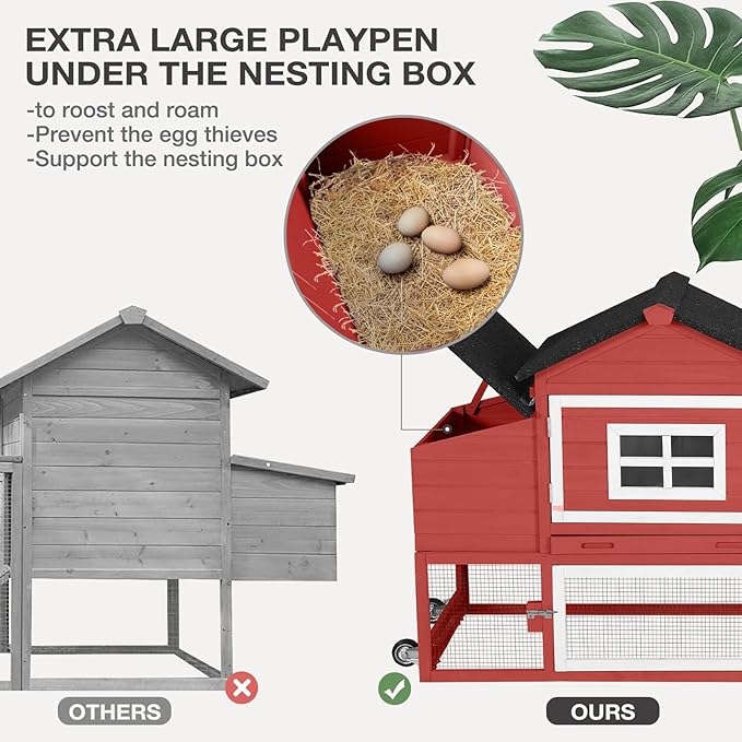 Wooden Chicken Coop with Run, Mobile Chicken House with Wheels, Outdoor Hen Poultry Cage with Leak-Proof Tray and Nesting Box, Lager Chicken Coops with UV-Resistant Roof for 2-3 Chickens (Red)